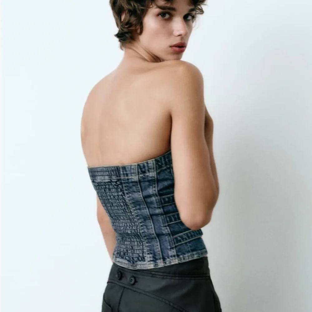 Zara Dark Blue Strapless Denim Top - Picture 4 of 8